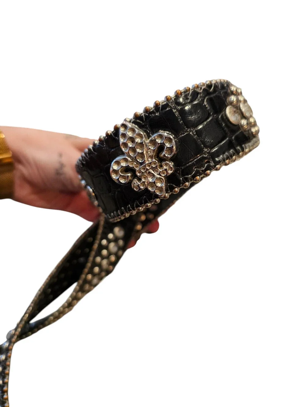 Black embossed leather western-style rhinestone studded belt Sz L/XL Y2K Bling
